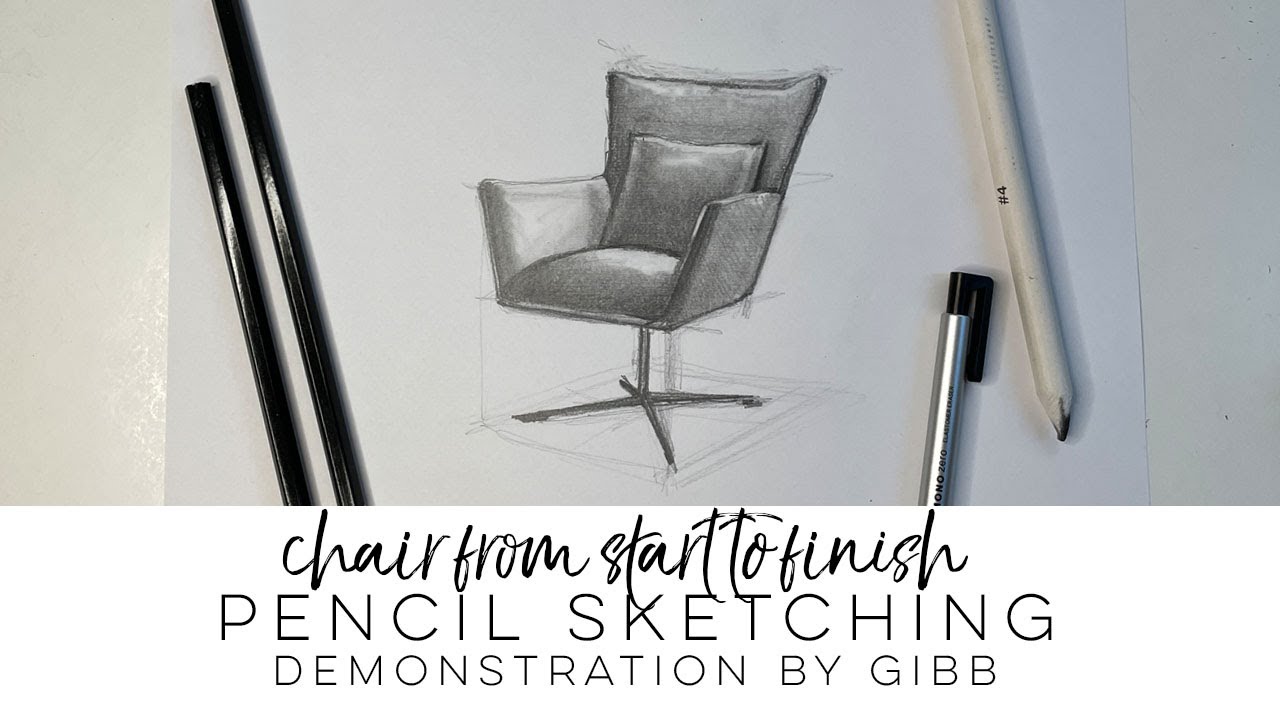How to draw furniture, pencil sketch a chair from beginning to end, time lapsed with instruction