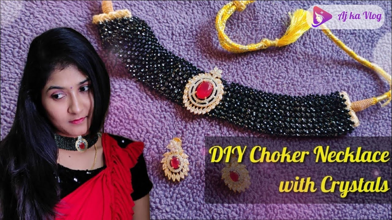 DIY Choker Necklace with Crystals | How to make Jali set Necklace | DIY Mesh Necklace at Home