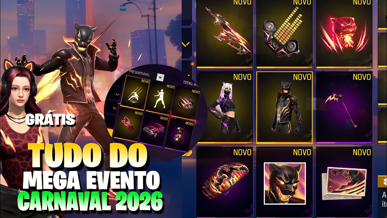 TODAS AS NOVAS SKINS DO NOVO MEGA EVENTO DE CARNAVAL 2026 FREE FIRE! SHOW AO VIVO E MUITO MAIS!!