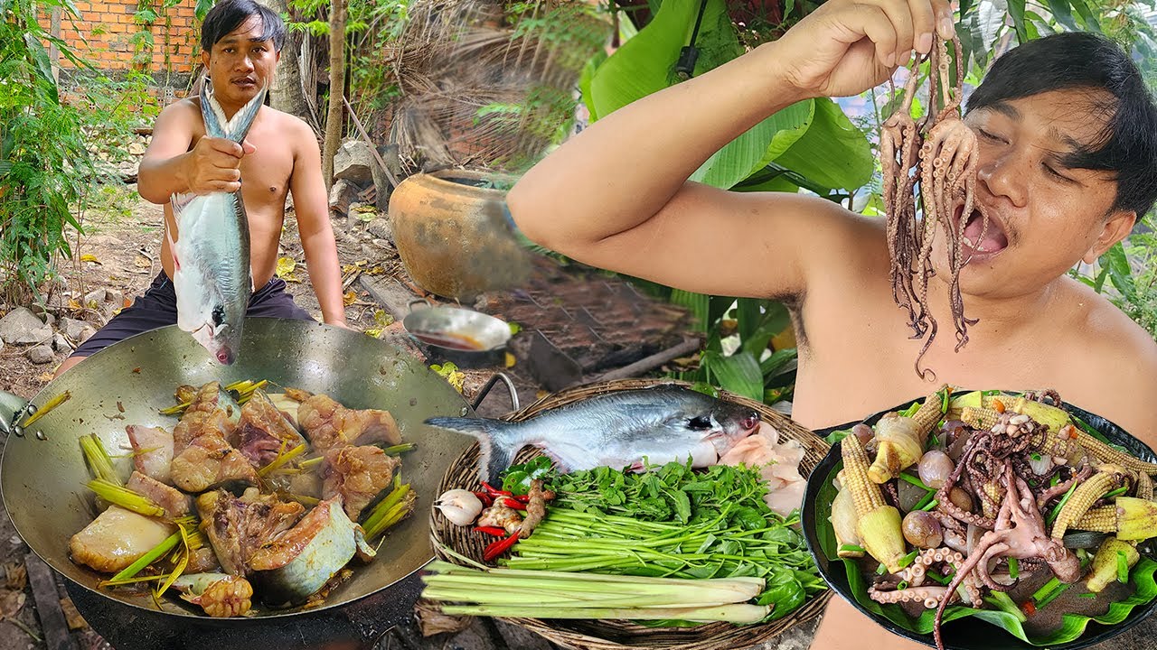 Today cooked giant 2kg fish recipe - Octopus fried vegetables delicious lunch