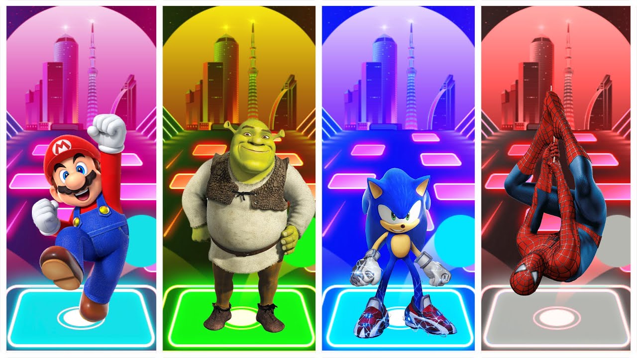 Mario vs Shrek vs Sonic vs Spider-Man | Epic Neon City Battle (4K Animation) Tiles Hop Edm Rush