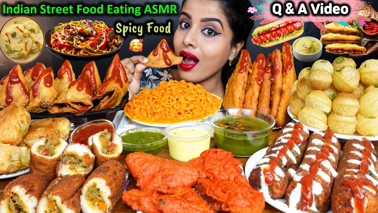 Eating Spicy Samosa,Pani Puri,Maggi Noodles,Veg Cheese Roll Indian Street Food ASMR Eating Mukbang