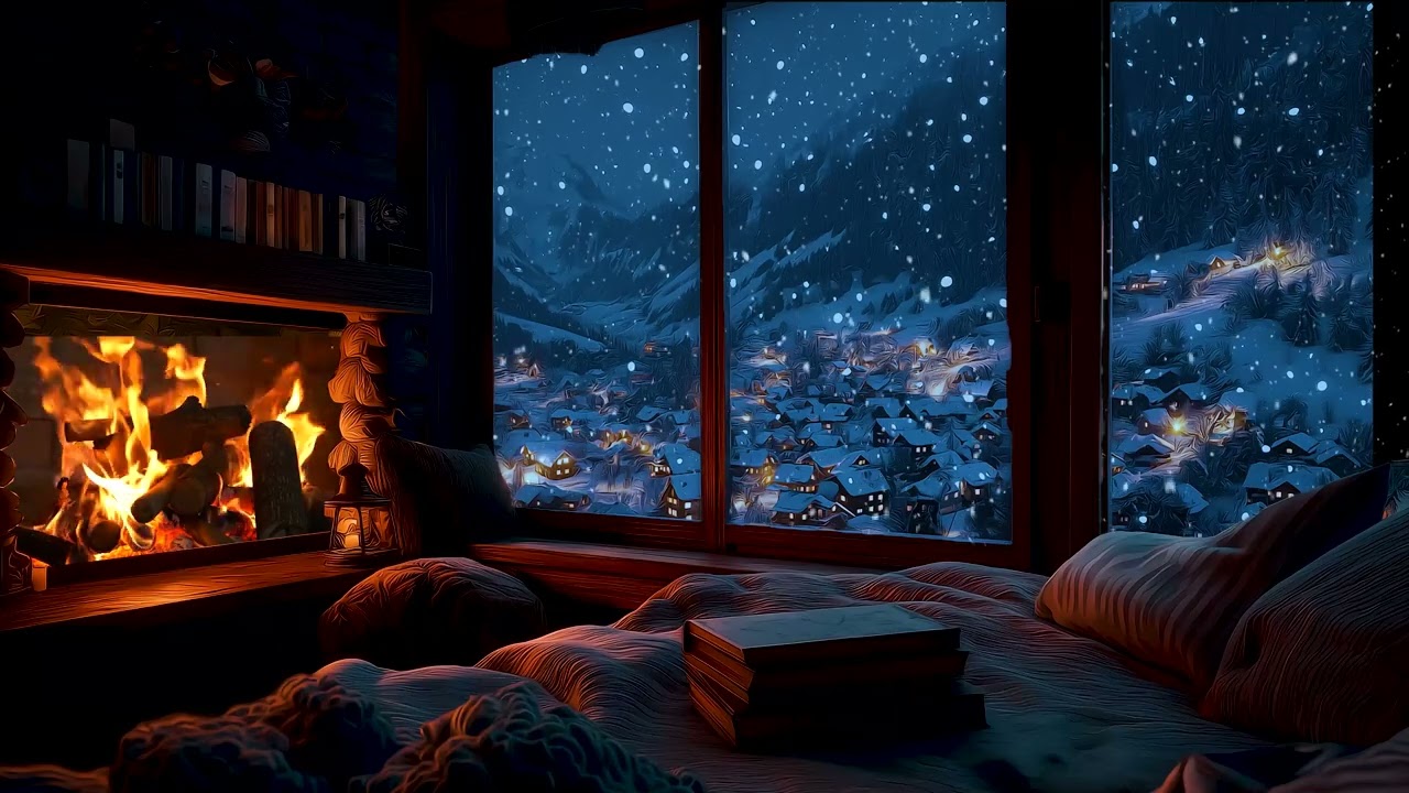 ❄️ Snowfall Cabin Fireplace – Warm Winter Night Ambience for Sleep & Stress Relief