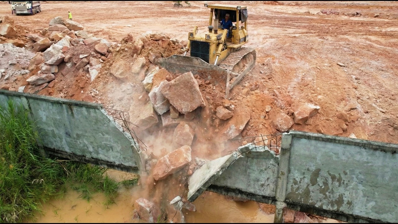 Wonderfum Mission Soil Stones Filling Along The Stone Fence Use Powerful Komatsu Dozer Operation