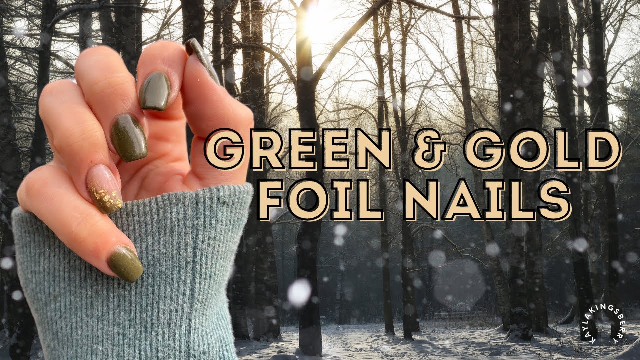 Green Fall Nails with Gold Foils | Dip Powder Nail Design