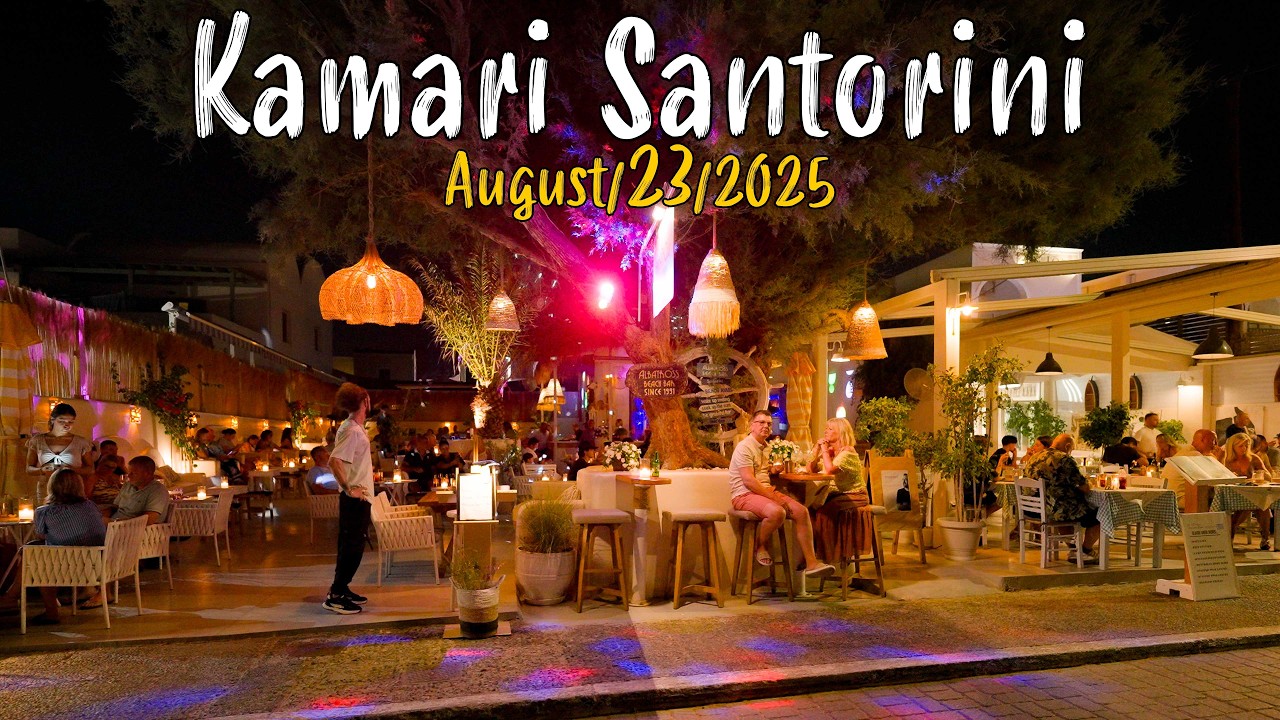 Kamari Beach Santorini, NIGHTLIFE walking tour 4K, Greece travel guide 2025