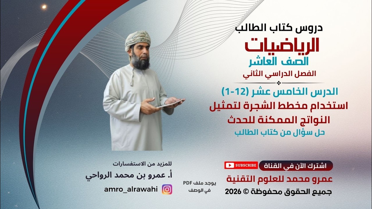الرياضيات - العاشر -  الفصل (2)  - كتاب الطالب- الدرس (15)(12-1) مخطط الشجرة لتمثيل النواتج الممكنة