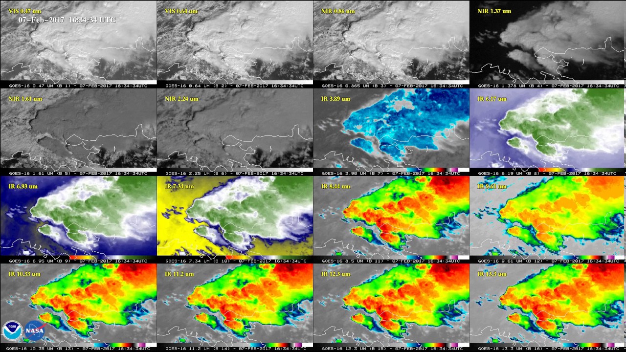 Louisiana Tornadoes in all 16 Spectral Bands from GOES-16