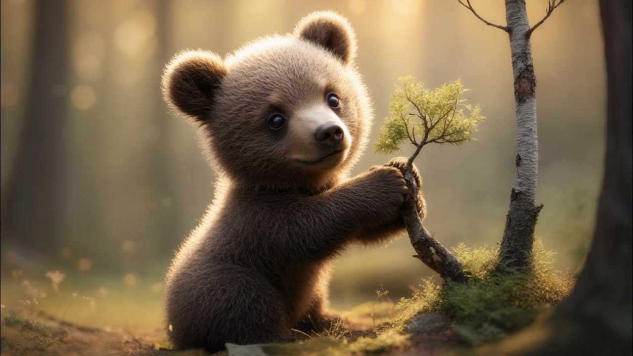 Baby bear 🐻 hugging a small tree 🌴 #baby #babybears #smalltree