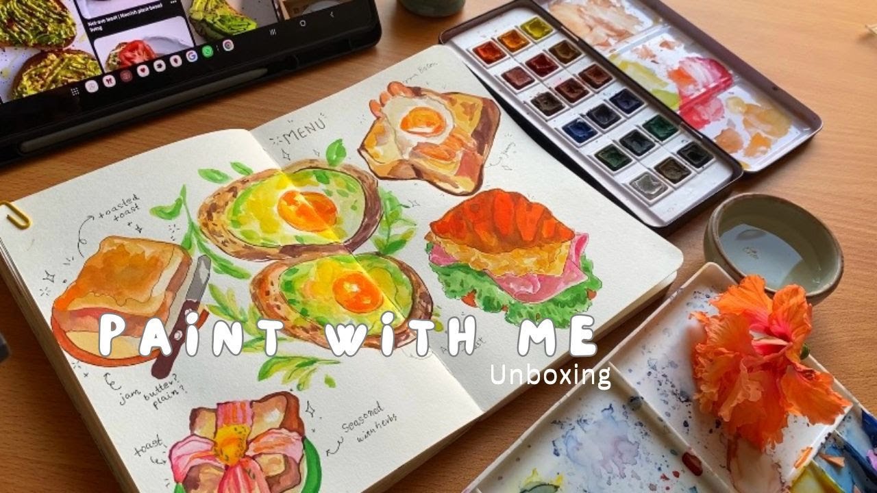 Cozy paint with me, Unboxing + food illustration by using ohuhu watercolor ☘️🥐🌮🍥