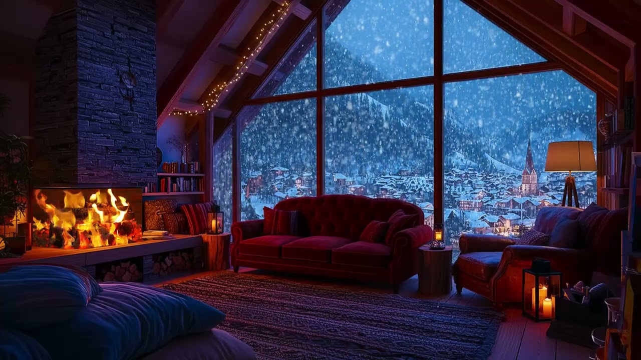 Midnight Snow Falling Outside a Quiet Cabin Window | Warm Firelight for Deep Sleep