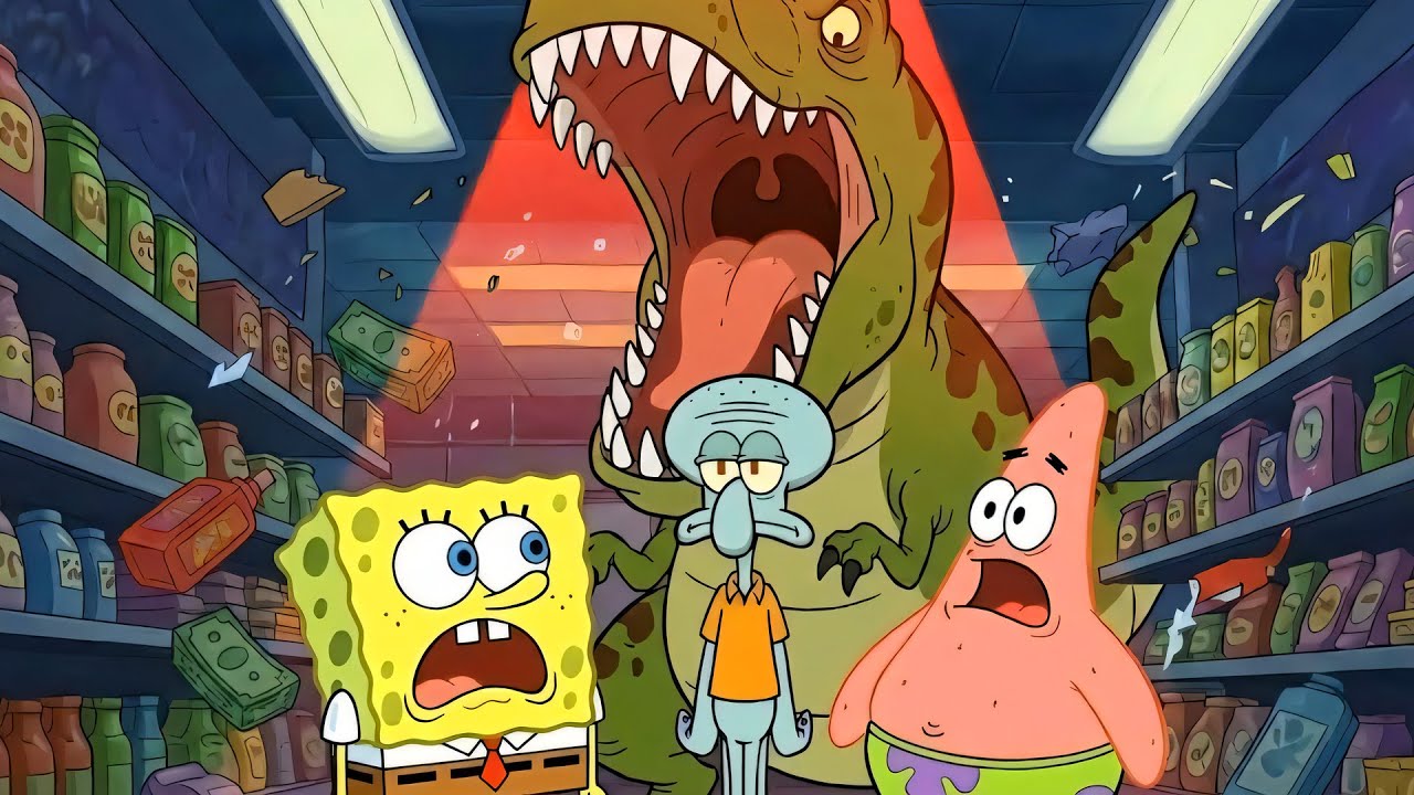 Under Attack: SpongeBob and Friends vs. the T-Rex in the Store | SpongeBob Animation 🚨🦖