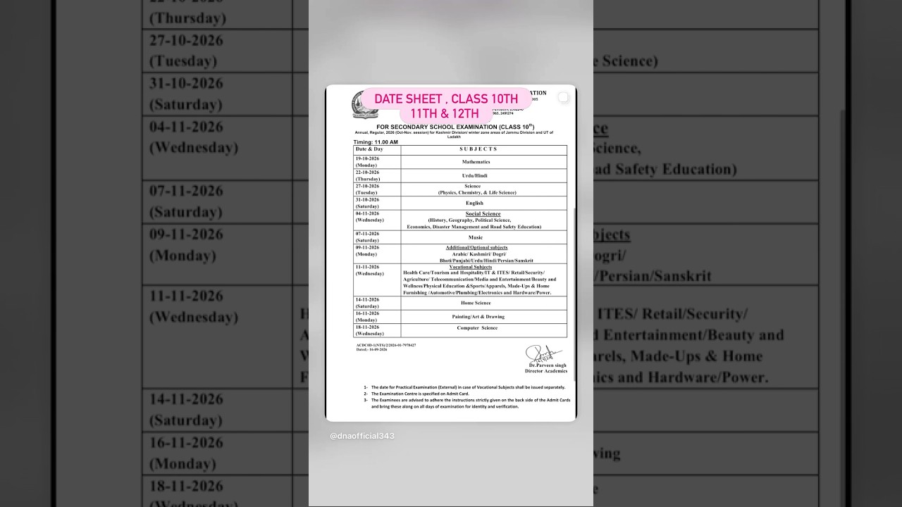 🚨 JKBOSE DATE SHEET UPDATE 2026 🚨 #JKBOSE2026 #JKBOSEDateSheet #dnaclassesudhampur