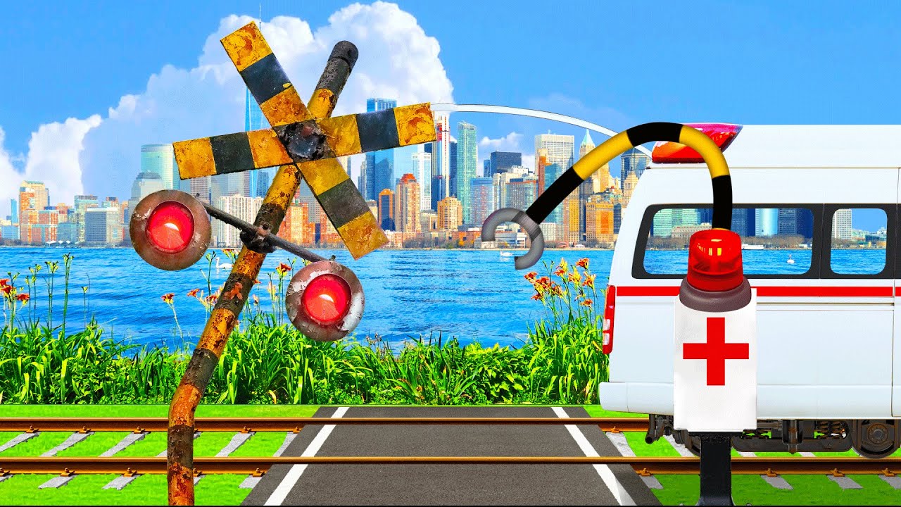 【踏切アニメ】錆びついて老朽化したふみきりを直す救急車♪＼ボロボロ／Rusted ambulance repair! Imaginary railroad crossings and trains!