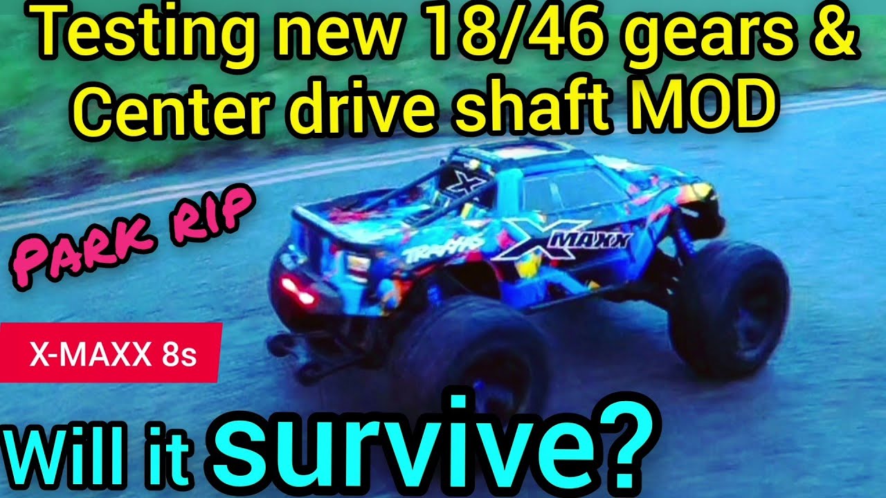 Traxxas X-MAXX 8s. Testing new 18/46 gear setup and 2 piece CENTER drive shaft MOD. Fun park RIP🤘