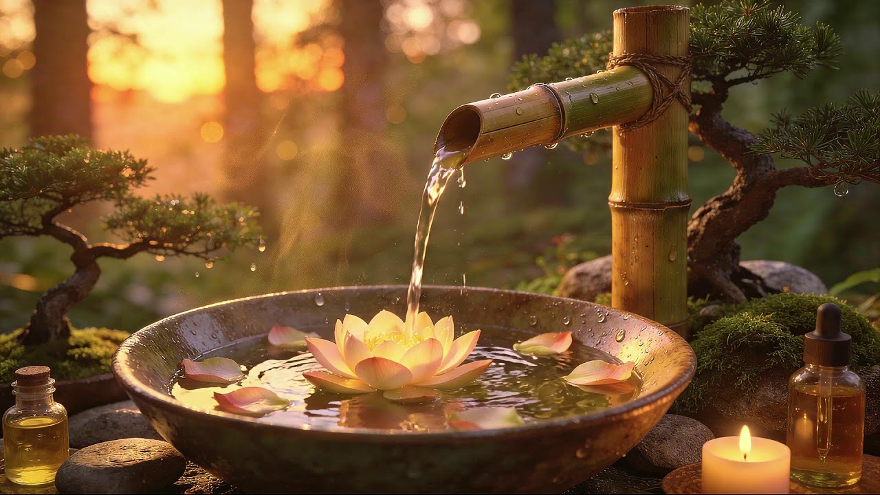 Healing Night Ambience || Bamboo Water Fountain & Piano for Deep Restful Sleep