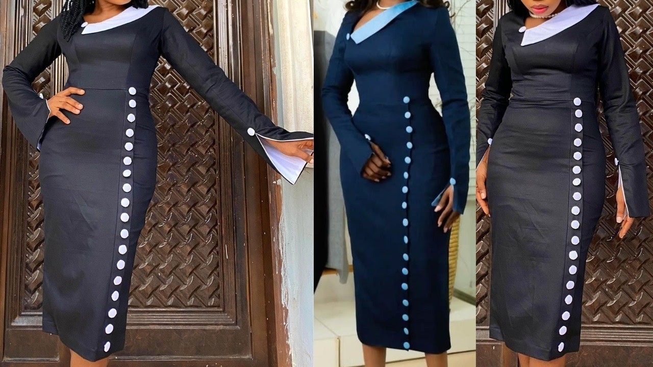 Cut and Sew this Trendy Cooperate Dress with slanted Cape/V-Neckline from Scratch!