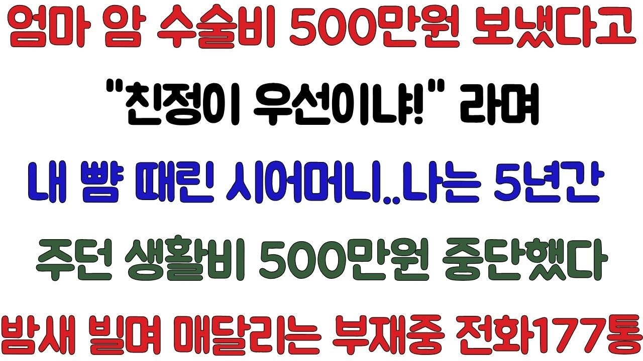 엄마 암 수술비 500만 원 보냈다고 '친정이 우선이냐'며 뺨 때린 시어머니. 나는 5년간 매달 주던 생활비 500만 원을 그날로 중단했다. 밤새 빌며 매달리는 177통의 전화