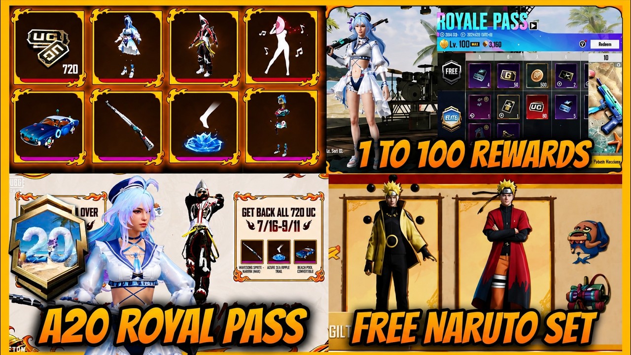 🔥A20 ROYAL PASS IS HERE - 1 TO 100 REWARDS l NARUTO PRIZE PATH AND FREE CHARCTER SET IN 4.5 UPDATE
