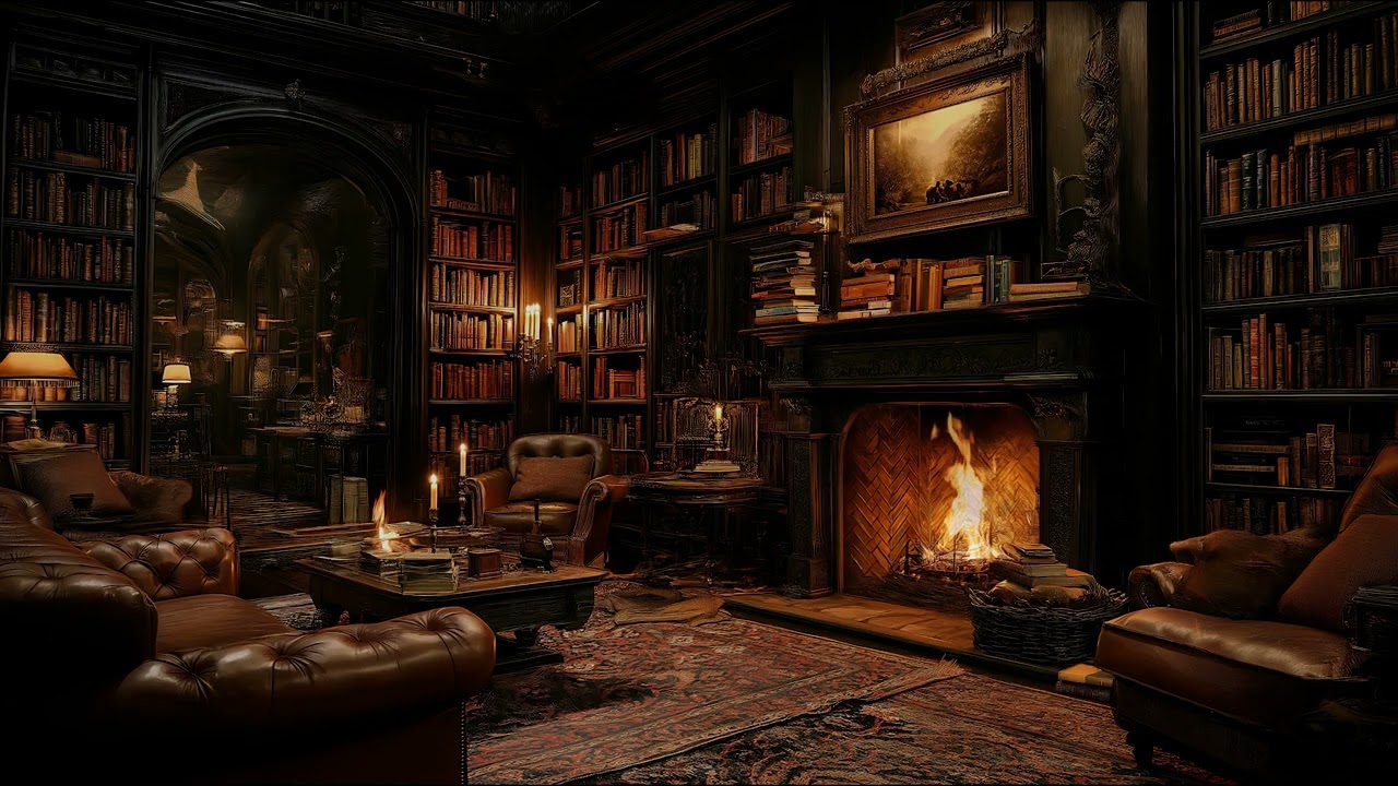 Peaceful Vintage Library Fireplace Ambience with Soft Fire Sounds for Sleep and Inner Calm