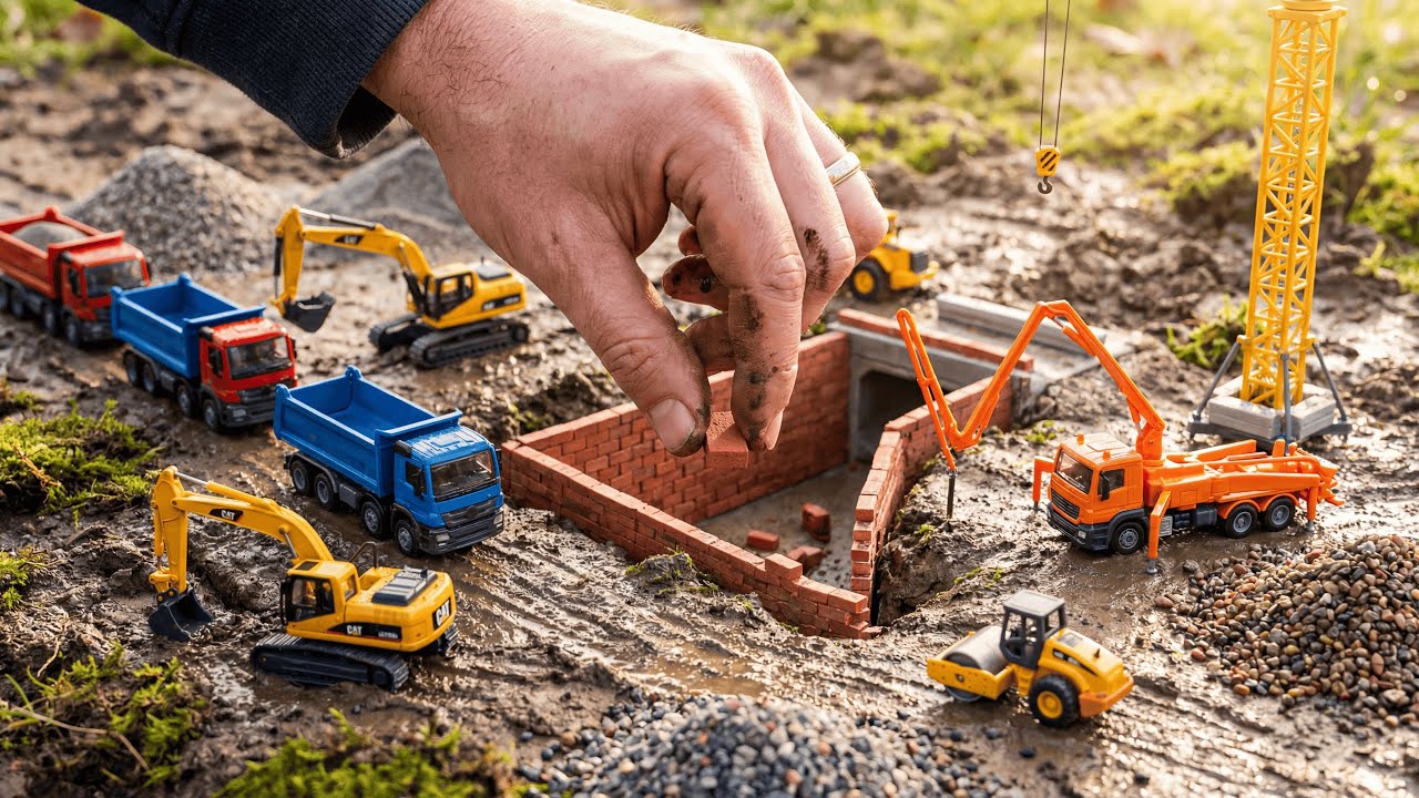 超リアルASMR | 本物のレンガとセメントで作る鉄道地下道 - ミニチュア建設工事 1:12