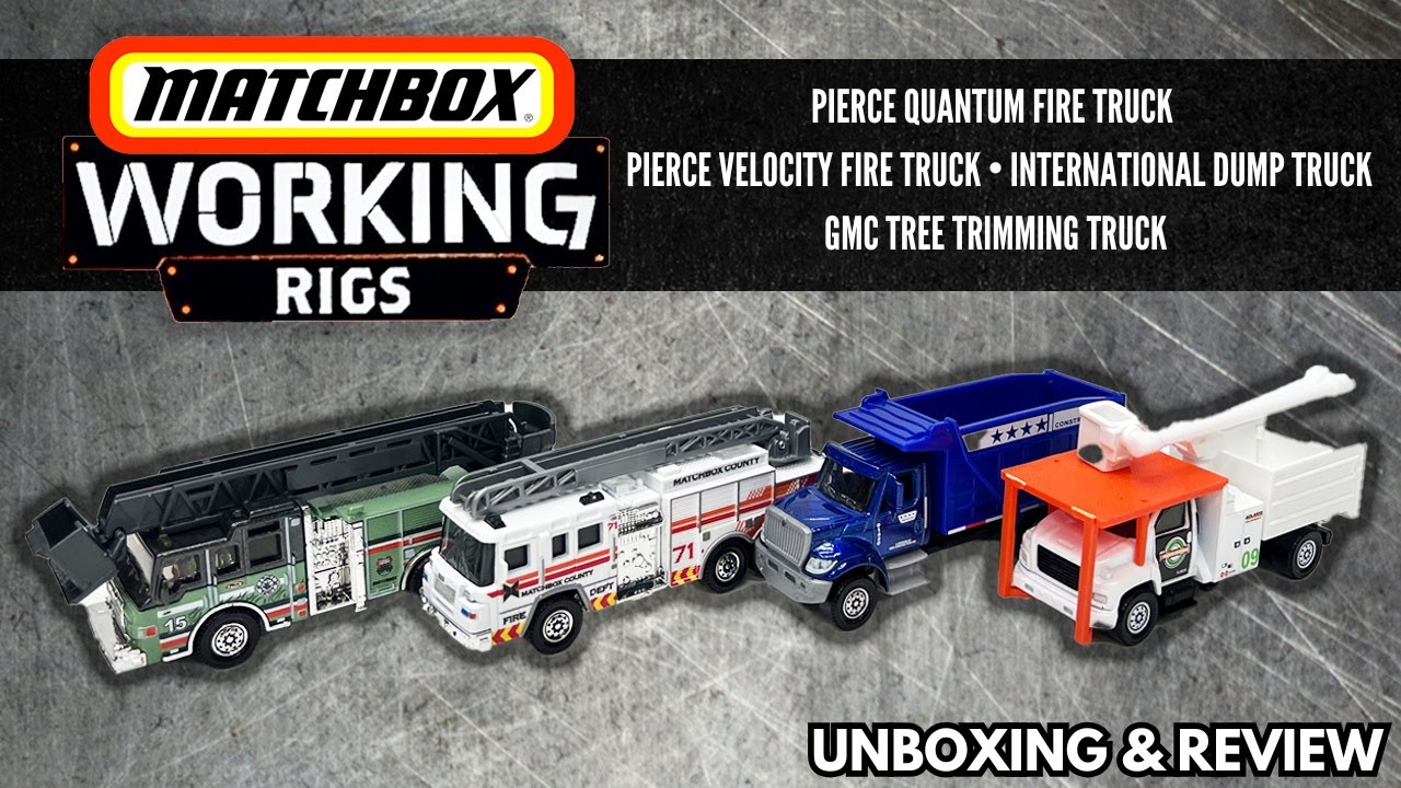 2024 Matchbox Working Rigs Pierce Fire Trucks, GMC Tree Trimming Truck, & International Dump truck