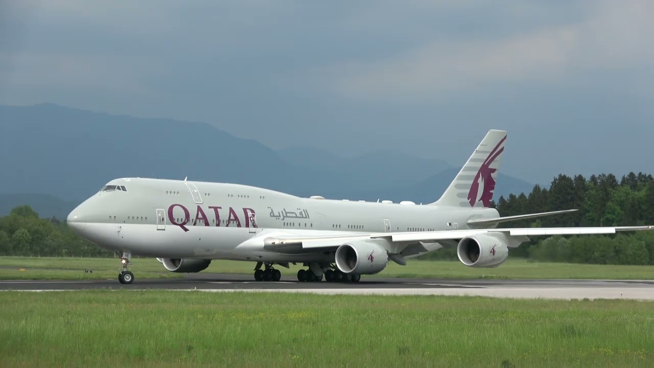 ✈ Qatar Amiri Flight Boeing 747-8KB(BBJ) takeoff @ Brnik airport ✈