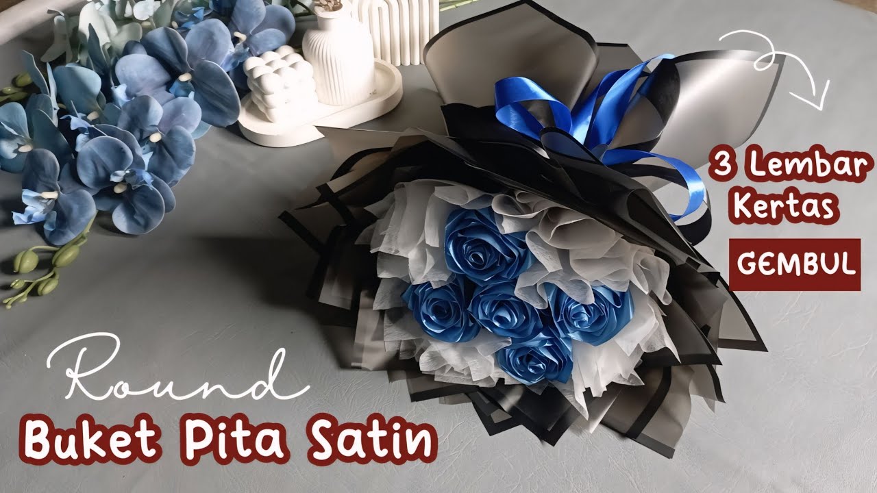Cara membuat buket mawar pita satin 5 tangkai hemat bahan / round buket