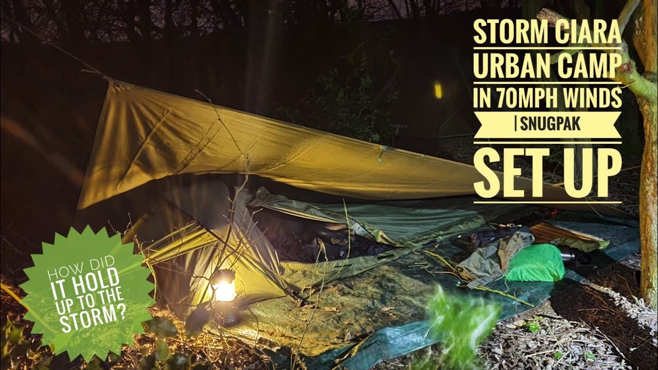 Storm Ciara Urban Stealth Camp in 70 MPH Wind and Rain | Snugpak Set up