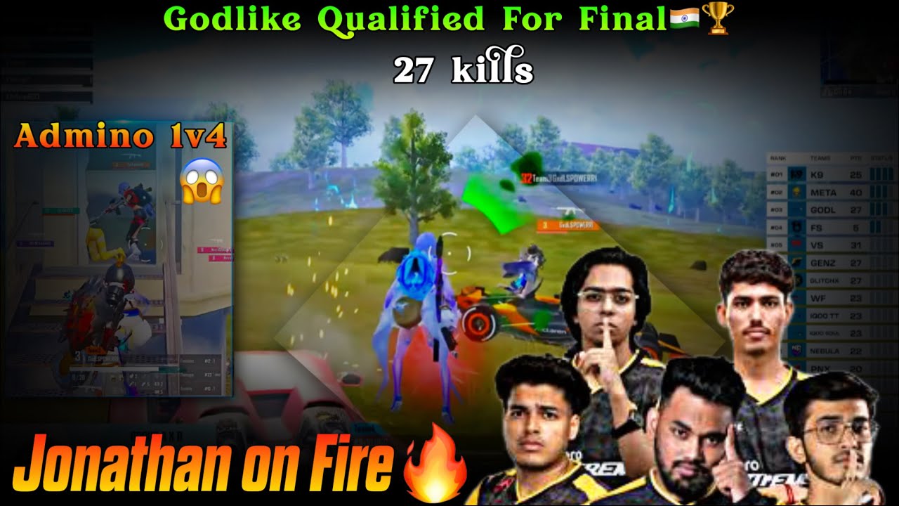 Jonathan on Fire🔥 27 kills😱  Admino1v4☠️  🇮🇳Godlike Qualified for Final✅🏆Spower 1v3 back to back🥶