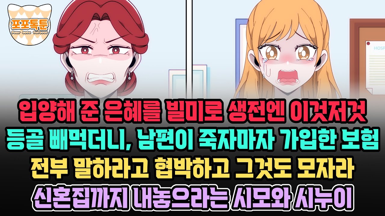 포포톡툰] 입양해 준 은혜를 빌미로 생전엔 이것저것 등골 빼먹더니, 남편이 죽자마자 가입한 보험 전부 말하라고 협박하고 그것도 모자라 신혼집까지 내놓으라는 시모와 시누이