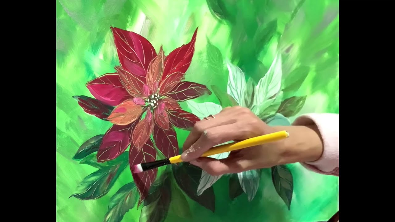 How to paint poinsettia flowers in acrylic paints. Free DIY Christmas artwork tutorial demonstration