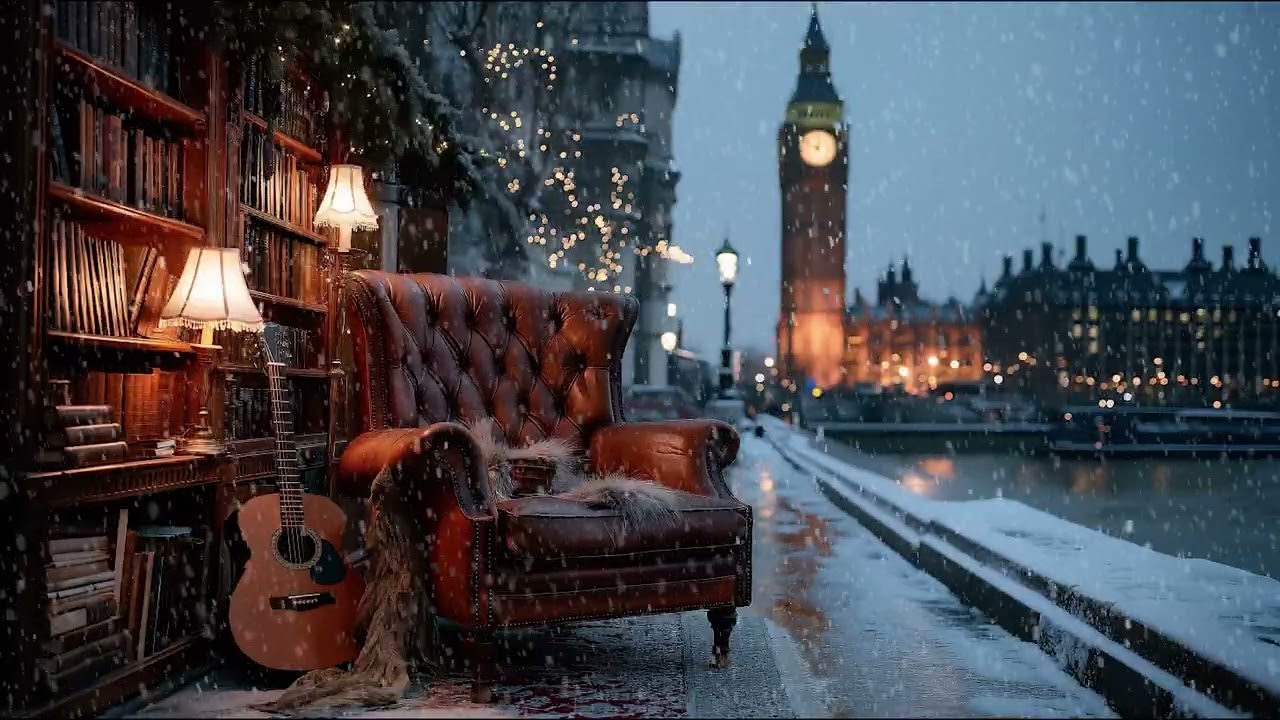Cozy Winter Outdoor London with Plush Sofas, Snow Outside, and Soft Piano for Sleep