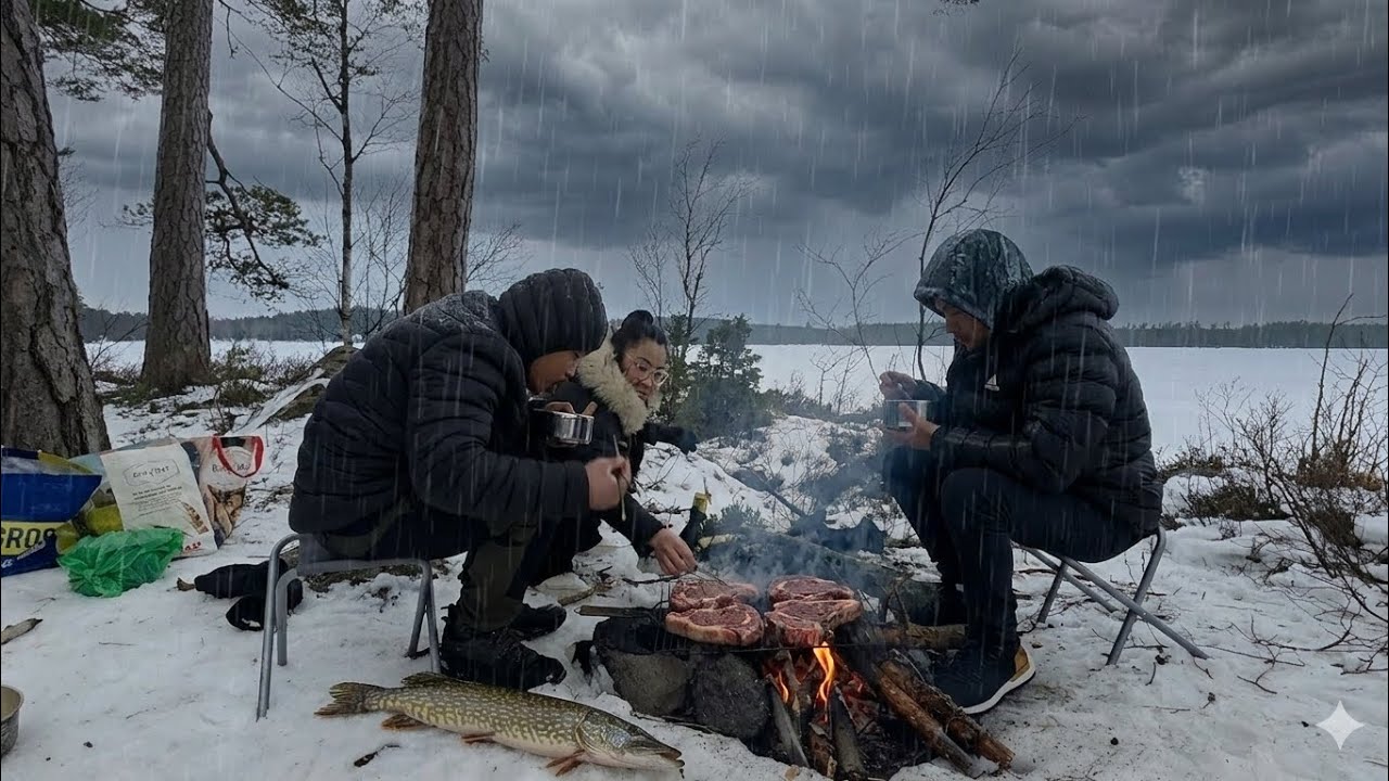 เข้าป่าสวีเดน ตั้งแคมป์ในป่าหิมะ ตกปลาบนน้ำแข็ง winter camping ice fishing 