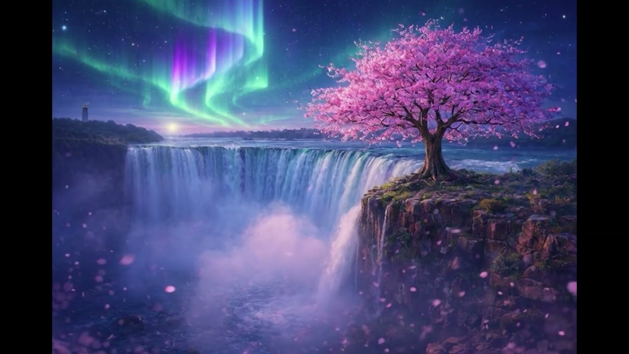 Глубокий сон (3 часа) — Сакура и северное сияние над водопадом | Фиксированная камера