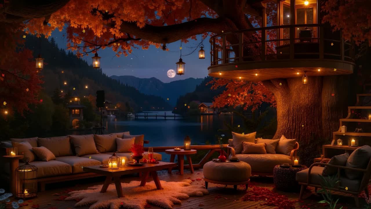 🍂 Cozy Autumn Night Ambience | First Day of Autumn in Australia 🇦🇺 | Lake  Lanterns • Jazz Fireplace