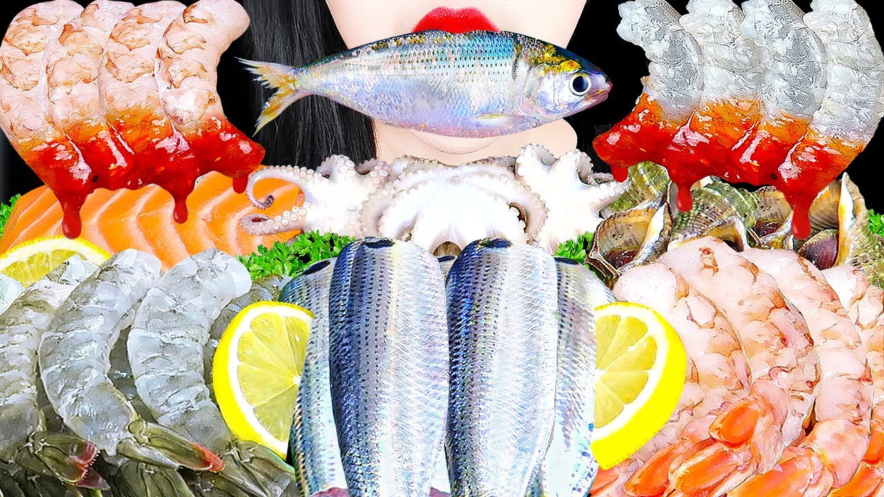 ASMR RAW SEAFOOD MUKBANG 통전어회, 생새우회, 쭈꾸미, 연어회, 참소라 SHRIMP, OCTOPUS, GIZZARD SHAD EATING SOUNDS 회 먹방