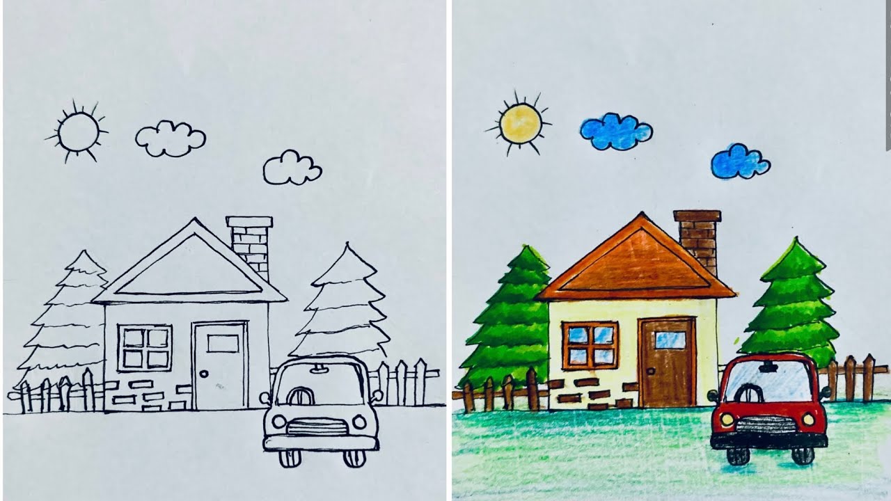 How to draw A House & Car Drawing For Kids | Lovely House Drawing 