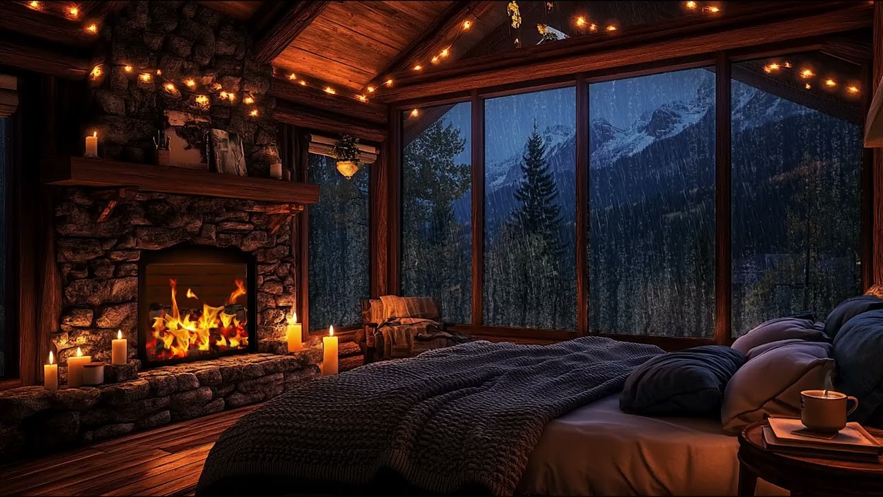 Cozy Mountain Cabin Thunderstorm Ambience | Heavy Rain and Fireplace Crackling Sounds Deep Relaxing