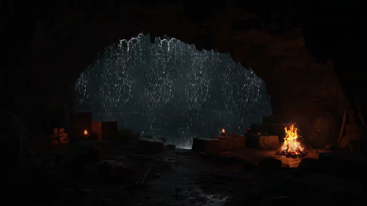 Dark Forest Cave at Night with Relentless Rain | Deep Echoes, Distant Thunder & Calm Ambience