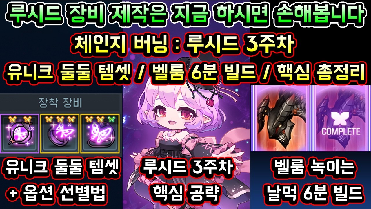 [메이플스토리 맑음] 체인지 버닝 루시드 3주차 공략 / 루시드 장비 제작은 지금 하면 손해봅니다 / 유니크 둘둘 템세팅 / 루시드 벨룸 6분 날먹 빌드 등 / 3주차 핵심 총정리