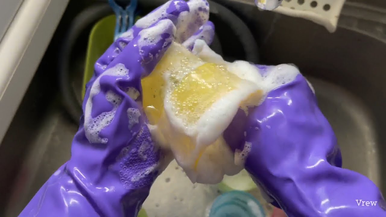 20220125 紫色ビルパールゴム手袋をつけて食器洗いする日常ASMR　Washing dishes with purple bill pearl rubber gloves　#263