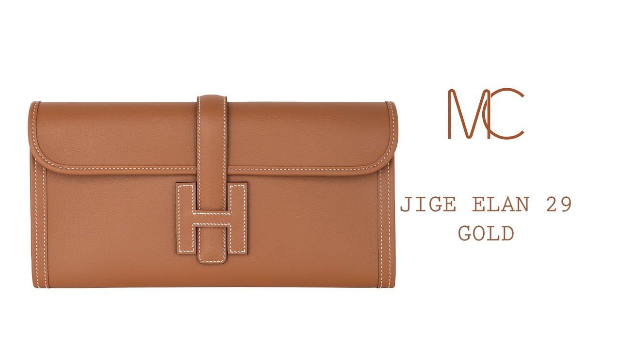 Hermes Jige Elan 29 Gold Clutch Bag Evercolor Leather • MIGHTYCHIC •