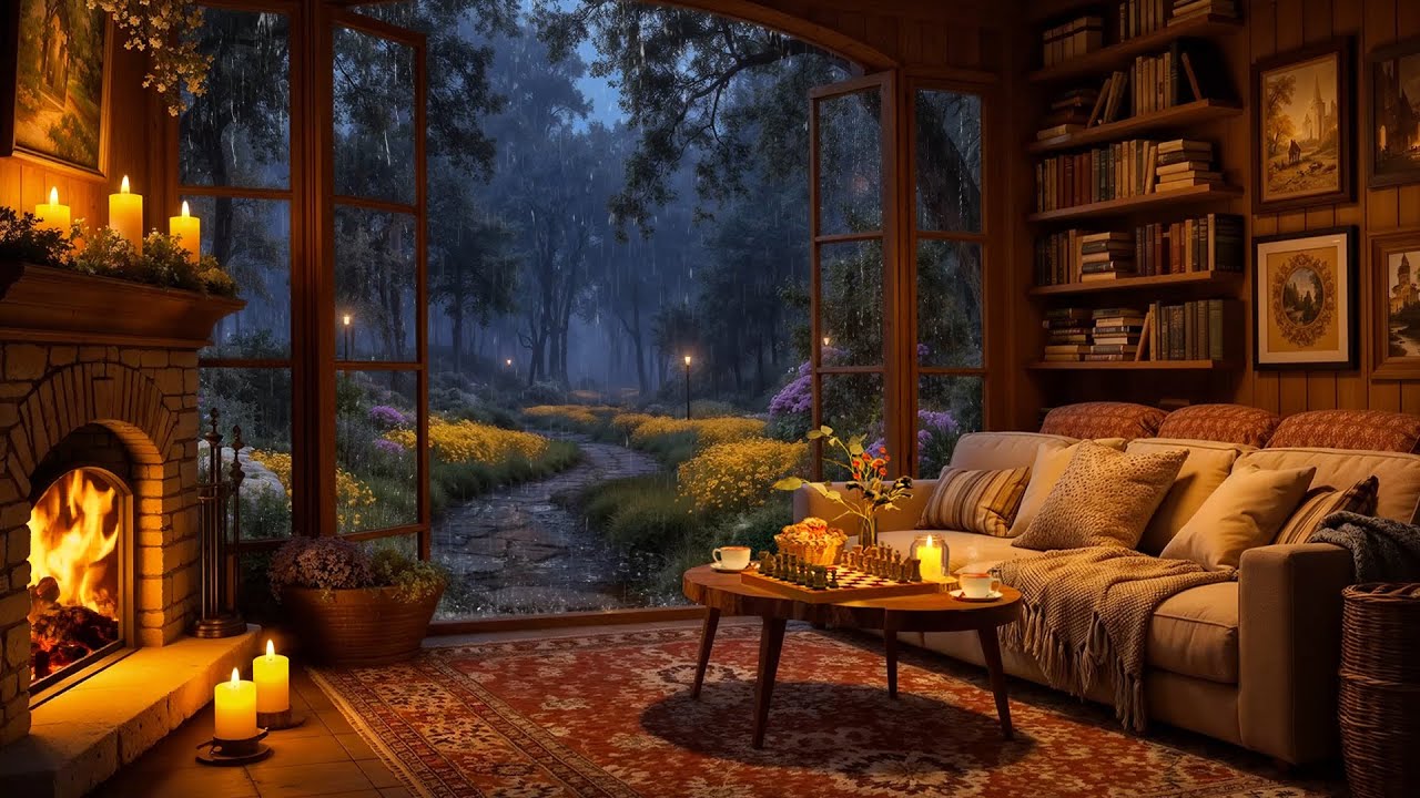Cozy Reading Nook with Smooth Jazz Music, Crackling Fireplace & Rain Sounds for Relaxation