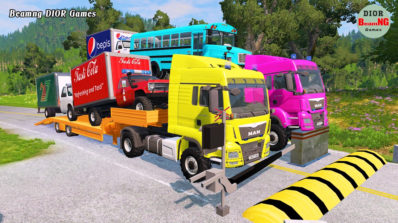 Double Flatbed Trailer Truck vs speed bumps|Busses vs speed bumps|Beamng Drive|1323
