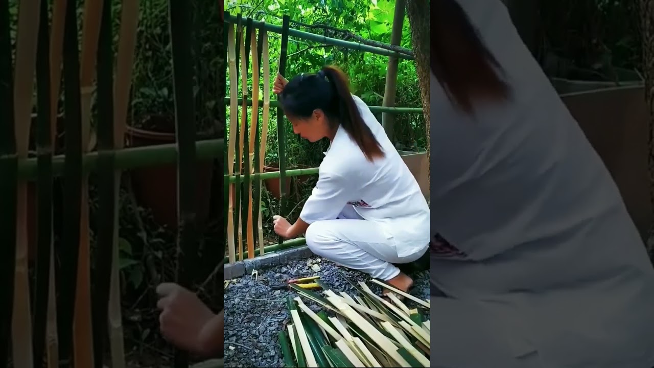garden fence with natural bamboo | white dress girl fencing garden to protect plant 4m animal#shorts