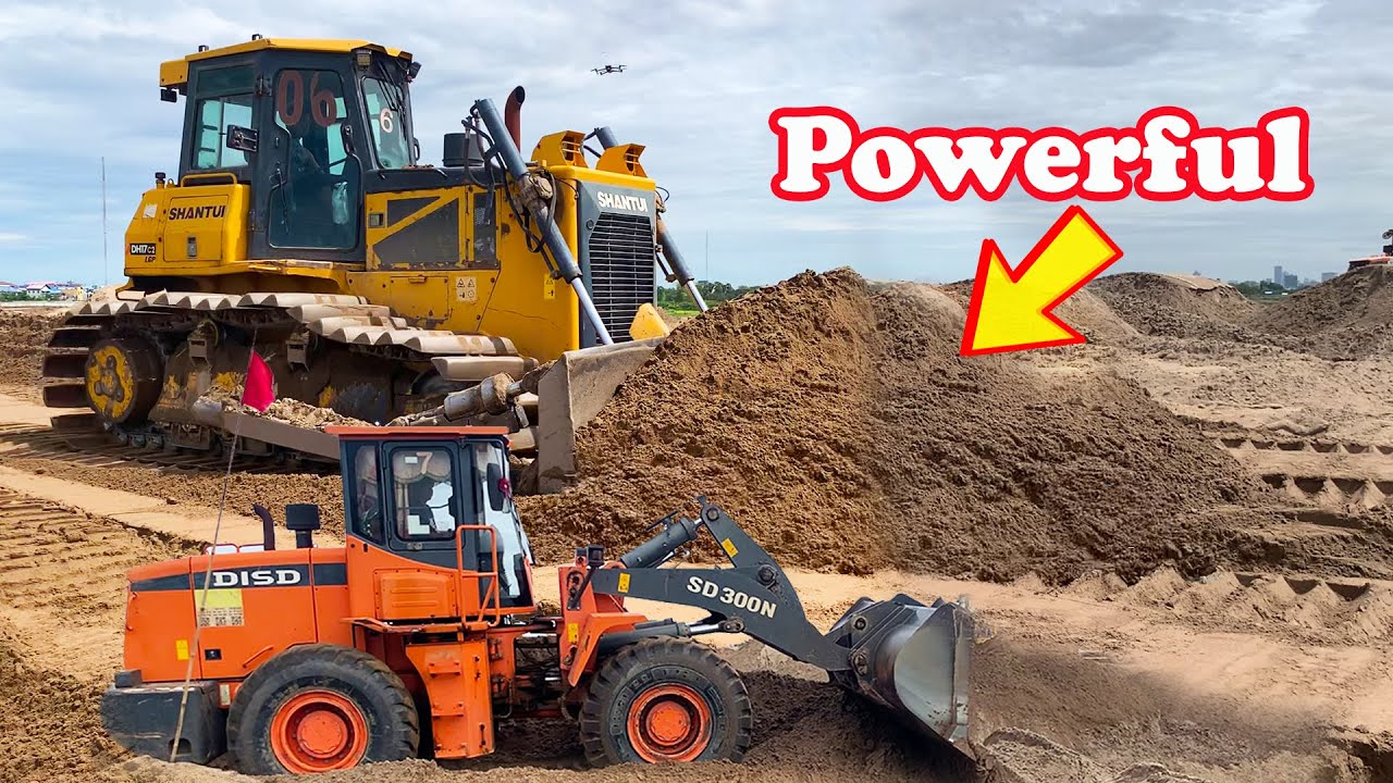 Great! Huge Shantui DH17c2 Bulldozer Pushes Sand with Doosan SD300N Wheel Loader