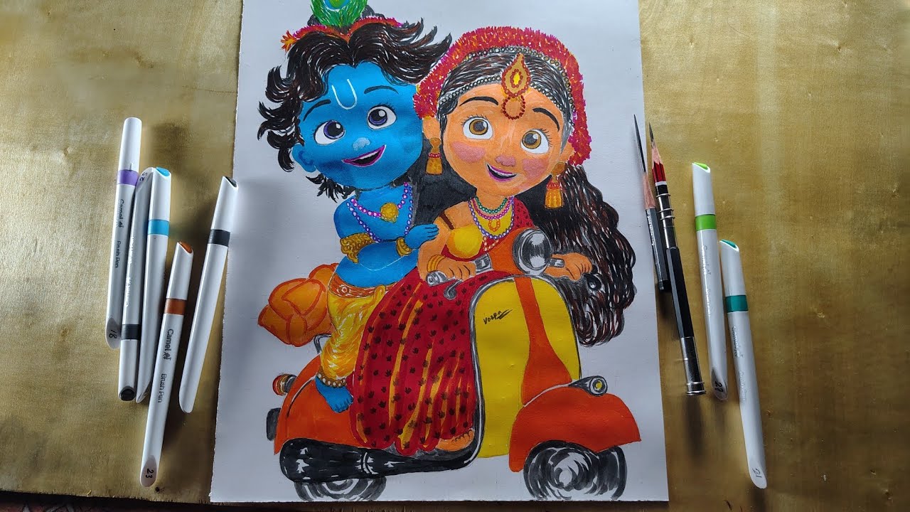 Krishna Art l Little Radha And Krishna Art l Colour Merker Art l 😊