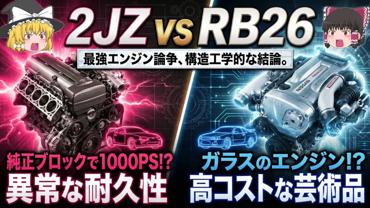 【徹底比較】2JZ vs RB26！なぜドリフト界はGT-Rを捨ててスープラを選ぶのか？「壊れない」という性能がもたらす究極の構造的アドバンテージ【ゆっくり解説】【クルマの雑学】