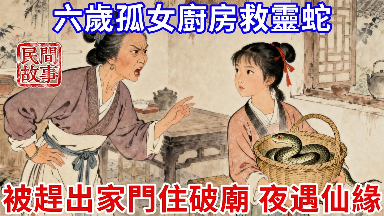 6歲女娃父母雙亡，做飯時發現廚房有條受傷的蛇，不顧後娘反對把蛇送回深山，回到家後發現自己竟被趕出家門，無奈住到山腳下的破廟，某天深夜那條蛇爬進破廟，口吐人言：我知道一個好地方！#民間故事 #槐樹下聽書